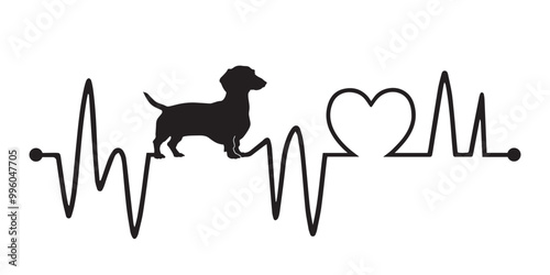 Dachshund Dog standing on Heartbeat line silhouette, Dog and Heartbeat frequency with Heart Love vector illustration

