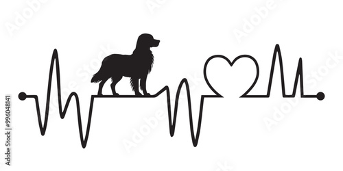 Golden Retriever Dog standing on Heartbeat line silhouette, Dog and Heartbeat frequency with Heart Love vector illustration

