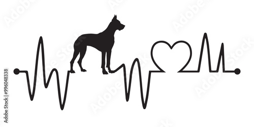 Great Dane Dog standing on Heartbeat line silhouette, Dog and Heartbeat frequency with Heart Love vector illustration
