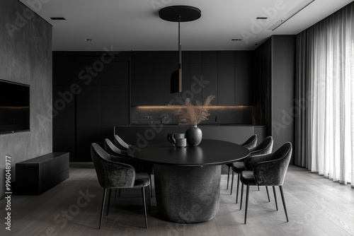 the monochrome interior banner showcases a sleek dining room design using black table and chairs for a chic and timeless look photo