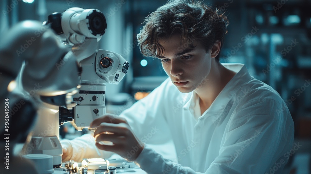 A young scientist working on a robotic arm in a lab. A young scientist working on a robotic arm in a lab.