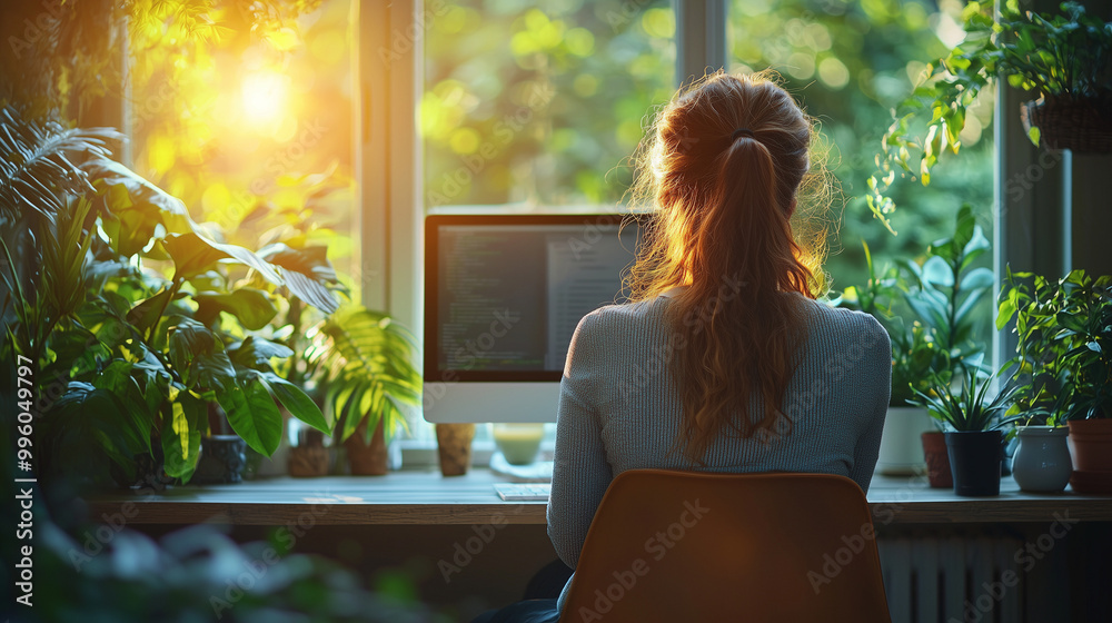 A woman works at a computer in a sunlit room filled with plants, creating a serene and productive environment. A woman works at a computer in a sunlit room filled with plants, creating a serene and productive environment.