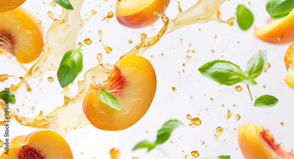 Peach slices and basil leaves flying in the air with a splash of juice on a white background Peach slices and basil leaves flying in the air with a splash of juice on a white background