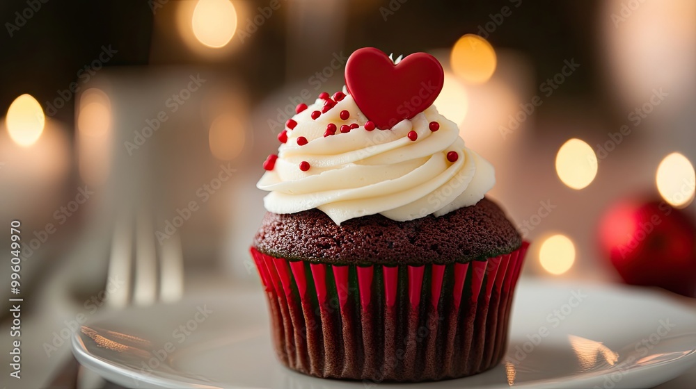 A red velvet cupcake with cream cheese frosting, topped with a small red heart, served on a festive table A red velvet cupcake with cream cheese frosting, topped with a small red heart, served on a festive table