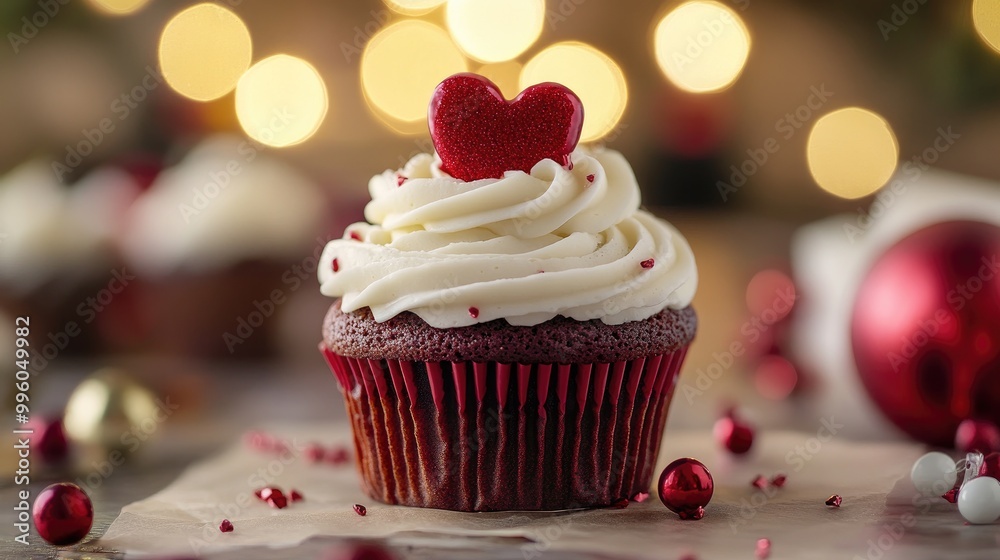 A red velvet cupcake with cream cheese frosting, topped with a small red heart, served on a festive table A red velvet cupcake with cream cheese frosting, topped with a small red heart, served on a festive table