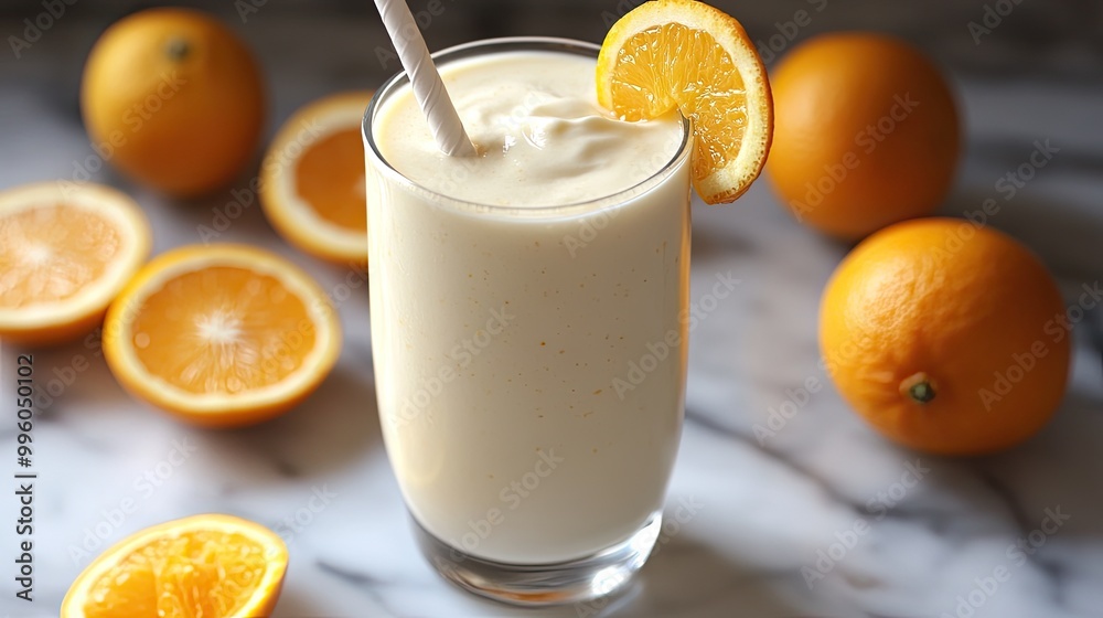 A refreshing citrus smoothie made with oranges and yogurt, blended to creamy perfection, and served with a paper straw A refreshing citrus smoothie made with oranges and yogurt, blended to creamy perfection, and served with a paper straw