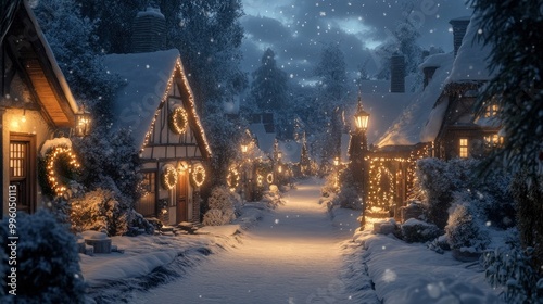 Fototapeta Naklejka Na Ścianę i Meble -  A quiet snow-covered street in a small village, with festive wreaths on doors, snow-laden rooftops, and holiday lights twinkling.