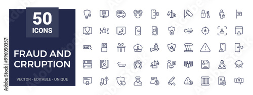 Fraud and crruption icon set. Money crime line icons. Phishing robbery, crime and tax offense line icons. Fraud and wallet cash.