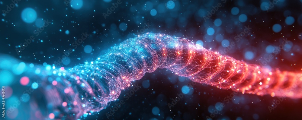 Abstract digital DNA strand with blue and red glowing particles. Abstract digital DNA strand with blue and red glowing particles.