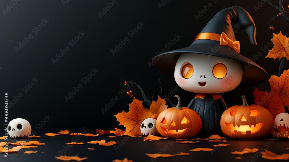 Whimsical Halloween Characters with Pumpkins and Witches in Festive Autumn Setting Whimsical Halloween Characters with Pumpkins and Witches in Festive Autumn Setting