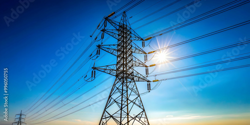 High voltage post standing tall against a clear blue sky , electricity, power, energy, electrical, infrastructure, utility photo