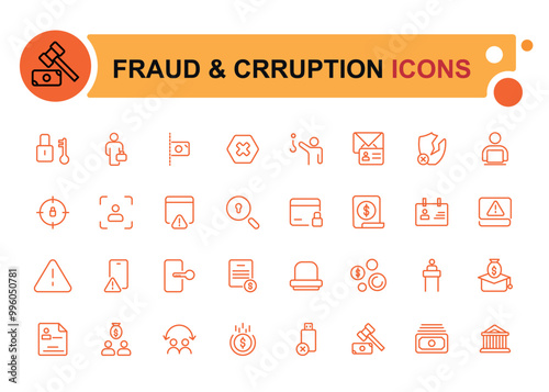 Fraud and crruption icon set. Money crime line icons. Phishing robbery, crime and tax offense line icons. Fraud and wallet cash.