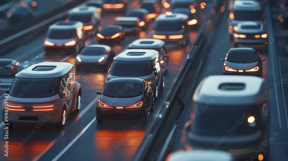 Fototapeta premium A fleet of autonomous vehicles rerouting dynamically to avoid traffic, showcasing transport optimization
