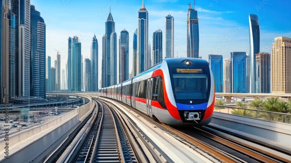Modern Train Traveling Through Dubai's Skyline Modern Train Traveling Through Dubai's Skyline