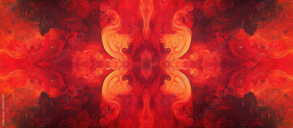 Surreal red 2d background for creative designs resembling a psychedelic experience Modern op art featuring kaleidoscopic optical illusions and vibrant fantastical elements