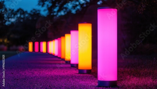 Outdoor festival lighting installation with interactive LED pillars photo