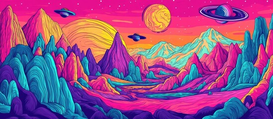 Leinwandbilder Rosa Alien fantasy landscape coloring page for adults A vibrant psychedelic graphic design featuring a hand drawn 2d illustration in a simple flat style  © DigitalDruid