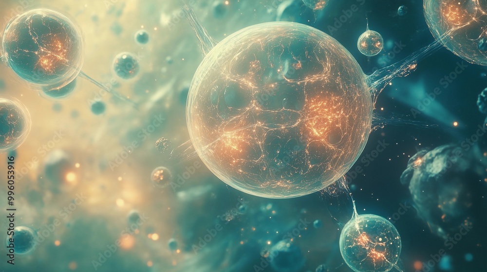 A detailed illustration of microscopic cells and molecules, glowing with light effects in the background. The focus is on one large cell or board painting, rendered using Cinema 4D A detailed illustration of microscopic cells and molecules, glowing with light effects in the background. The focus is on one large cell or board painting, rendered using Cinema 4D