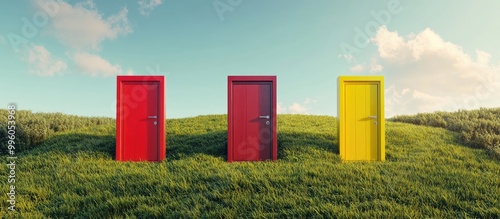 Three vibrant doors on a summer landscape featuring lush green grass Abstract surreal illustration showcasing creative fantasy art Modern realistic minimalistic design in 3D render