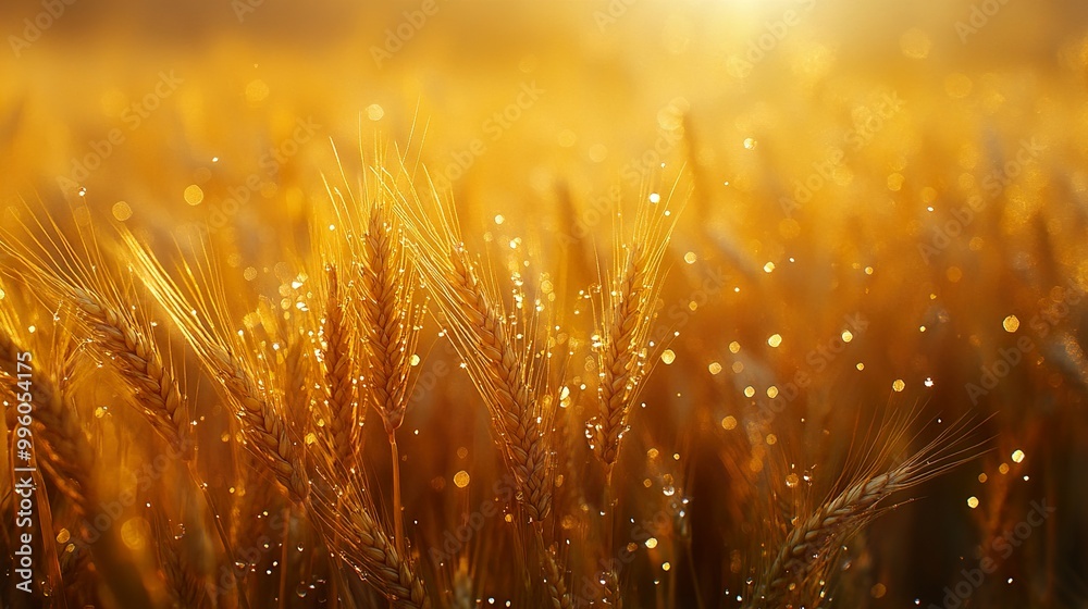 Golden Wheat Field at Sunset with Dew Drops Golden Wheat Field at Sunset with Dew Drops