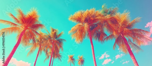 Vibrant palm trees against a surreal sky in this 2d illustration embodying a lively summer beach party theme with striking colors in flat design