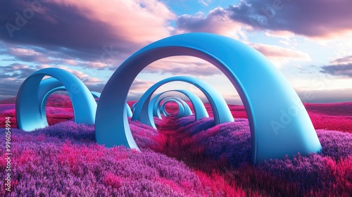 Surreal landscape featuring soft blue vibrant arc sculptures amidst a field of violet pink and red grass 3D rendering reflecting retro futurism and surrealism aesthetics photo