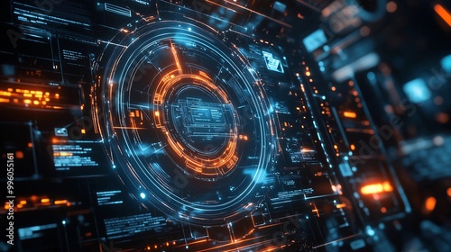 Futuristic digital circular interface with glowing data points and cyberpunk elements, perfect for technology-themed designs. High-tech background with dark blue tones and orange highlights