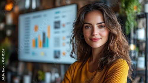 Confident Businesswoman Looking at Camera with Charts in Background
