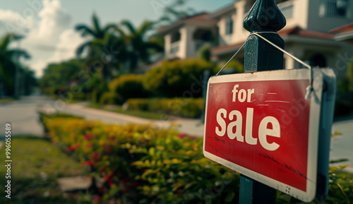 Photo of a red sign for a beautiful home for sale photo