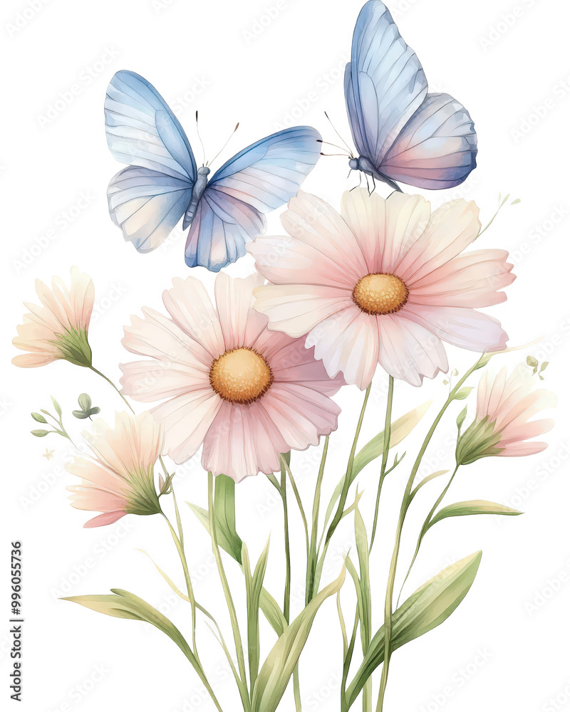 A painting of a flower garden with a blue butterfly flying over it on transparency background