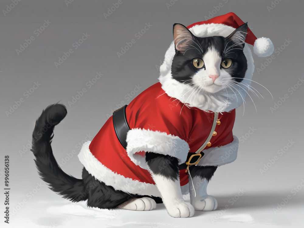 Fototapeta premium black cat in red santa claus costume for christmas new year holidays, AI generated