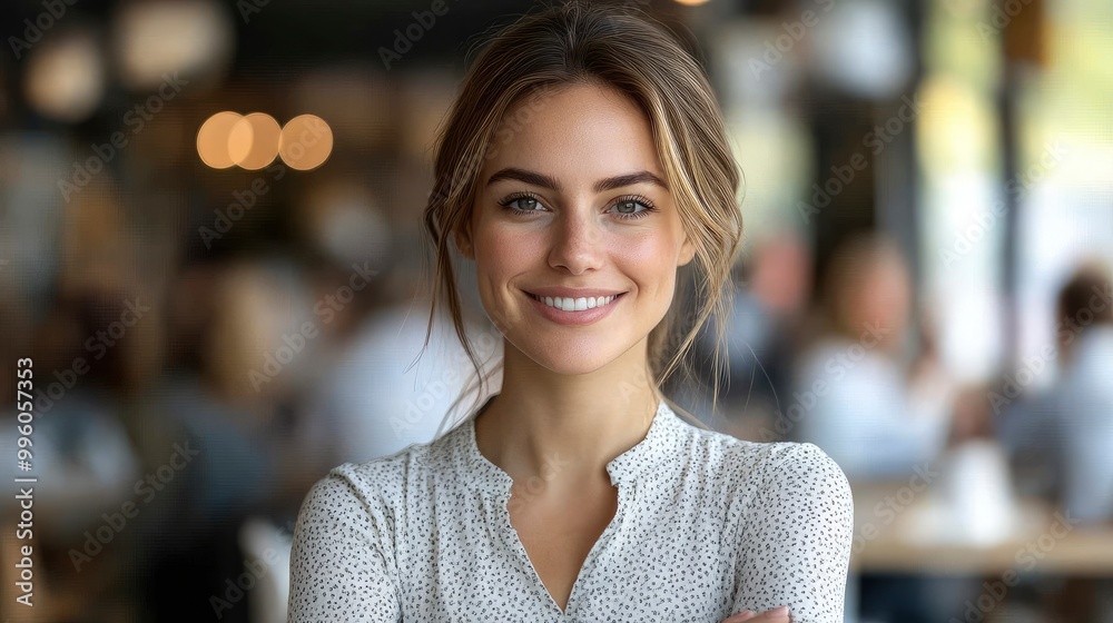 Fototapeta premium Beautiful Woman Smiling Confidently in a Cafe