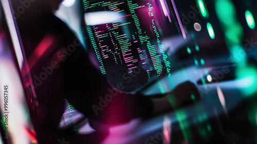 Abstract. Close-up of a computer screen displaying programming code and data transfer. Cyber World, IT photo