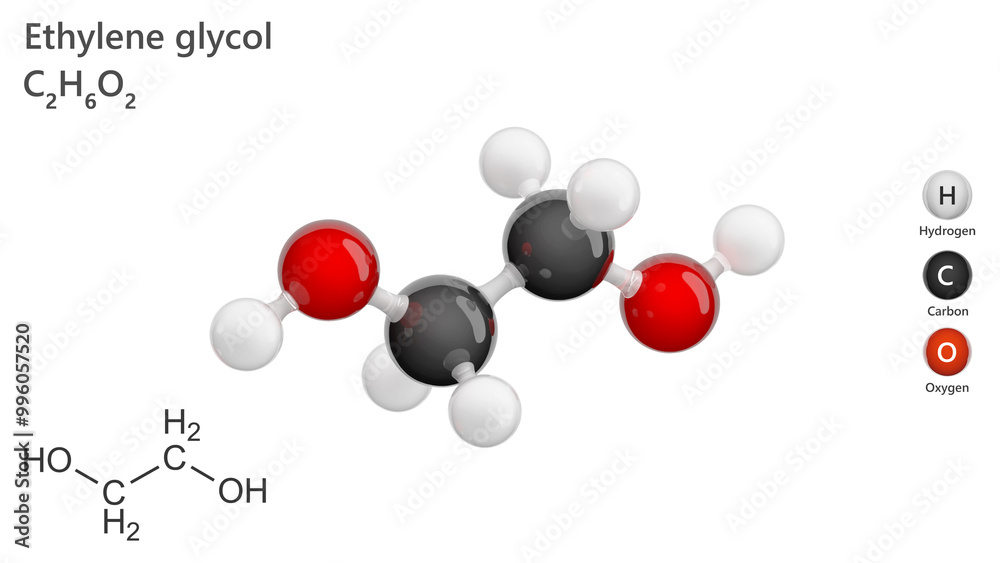 Ethylene glycol molecule C2H6O2. 3D structure. It is a synthetic liquid substance that absorbs water. it is used to make antifreeze and de-icing solutions for cars, airplanes. 3d illustration Ethylene glycol molecule C2H6O2. 3D structure. It is a synthetic liquid substance that absorbs water. it is used to make antifreeze and de-icing solutions for cars, airplanes. 3d illustration
