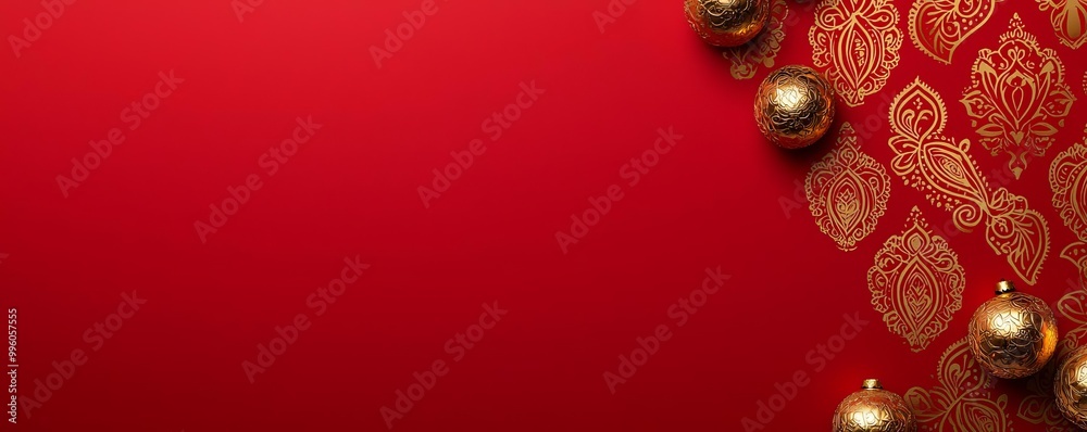 Deep red and gold Diwali background with symmetrical geometric patterns and elegant paisleys, festive pattern, traditional luxury
