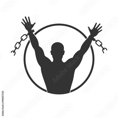 Liberated man which broken chain graphic sign. Silhouette freed man who broke the chain. Freedom symbol. Vector illustration