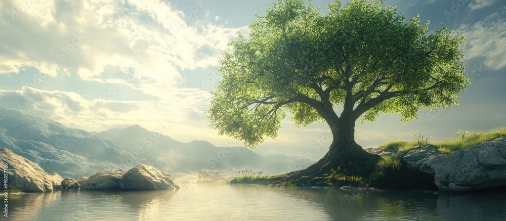 3D rendering of a fantasy landscape featuring a majestic tree 3D rendering of a fantasy landscape featuring a majestic tree