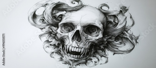 Hand drawn tattoo design featuring a demon skull on paper