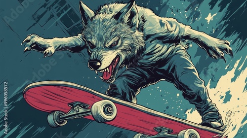 Surreal wolf head atop a skateboard representing an extreme sport theme 2d illustration in comic art style photo