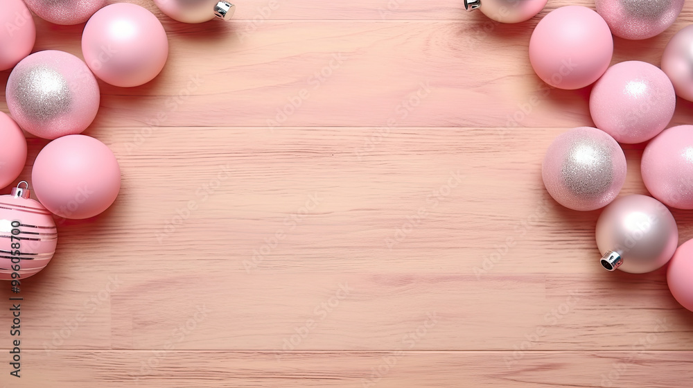 Obraz premium Set of christmas balls on a blush wooden background or board