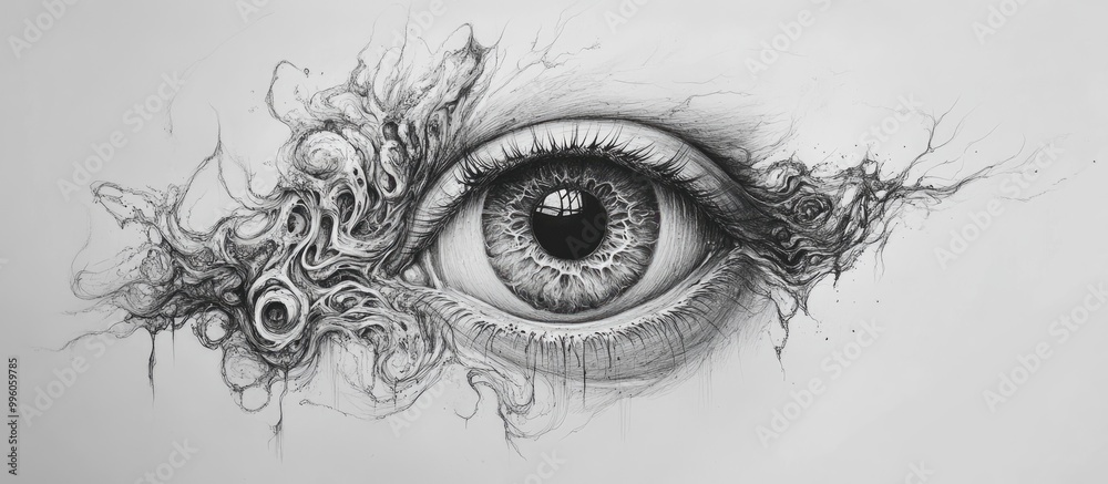 Fototapeta premium Surreal tattoo design of an eye created with pencil on paper