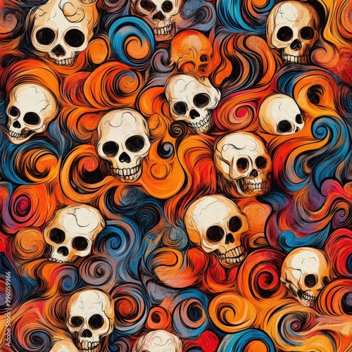 Seamless Pattern of Skulls with Colorful Swirls in Artistic Style 