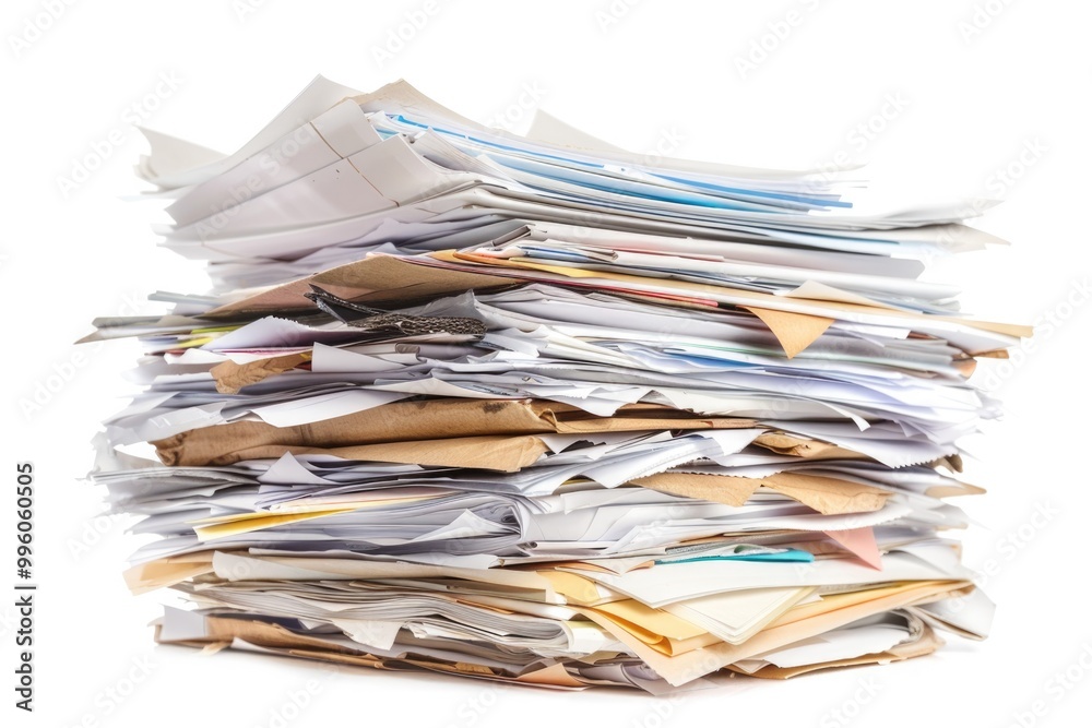 Papers Messy. Stack of Papers on White Background, Isolated Object with High Heap View Papers Messy. Stack of Papers on White Background, Isolated Object with High Heap View