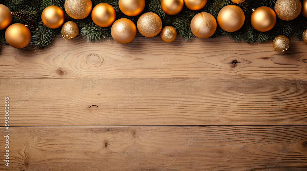 Naklejka premium Set of christmas balls on a light brown wooden background or board