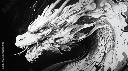 Semi surrealist artwork featuring a dragon s head rendered in a monochromatic black and white style photo