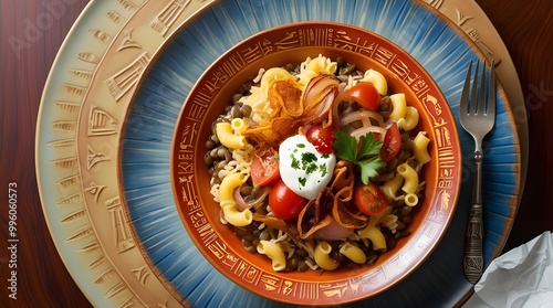 A bowl of Egyptian koshary featuring rice and onions, showcasing a colorful and hearty meal. photo