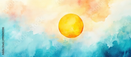 Vibrant abstract watercolor painting featuring a glowing yellow sun against a surreal tranquil sky Ideal backdrop for posters banners fabric prints and websites Original vertical artwork