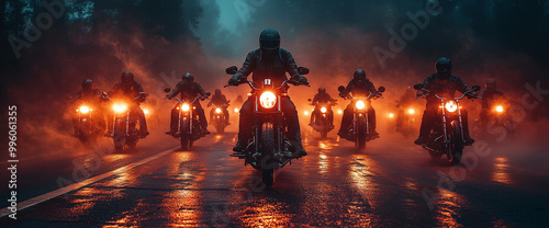 Biker gang on road, front view of group riding motorcycles in misty highway at night, dramatic sky.