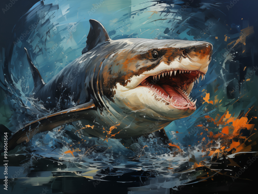 Obraz premium Fierce great white shark emerging from the ocean with an aggressive posture, showcasing power and intensity