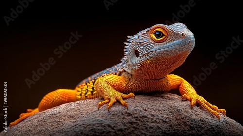 Radiant Lizard Portrait: A vibrant, close-up shot of a stunning orange and blue lizard perched on a dark rock, showcasing its intricate scales and captivating gaze.